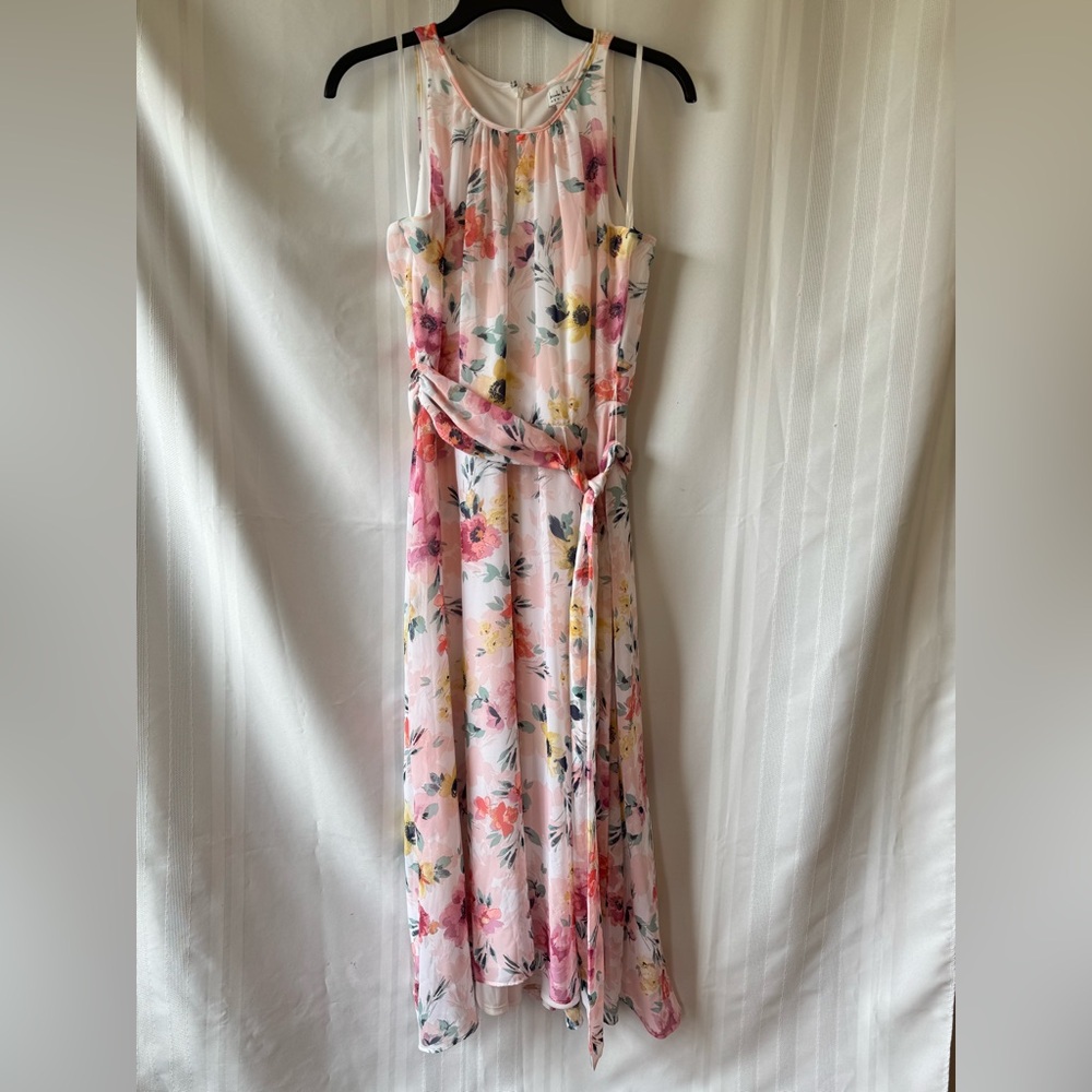 Nicole Miller New York Chiffon Pink Watercolor Floral Maxi Dress Spring Sz 4 EUC